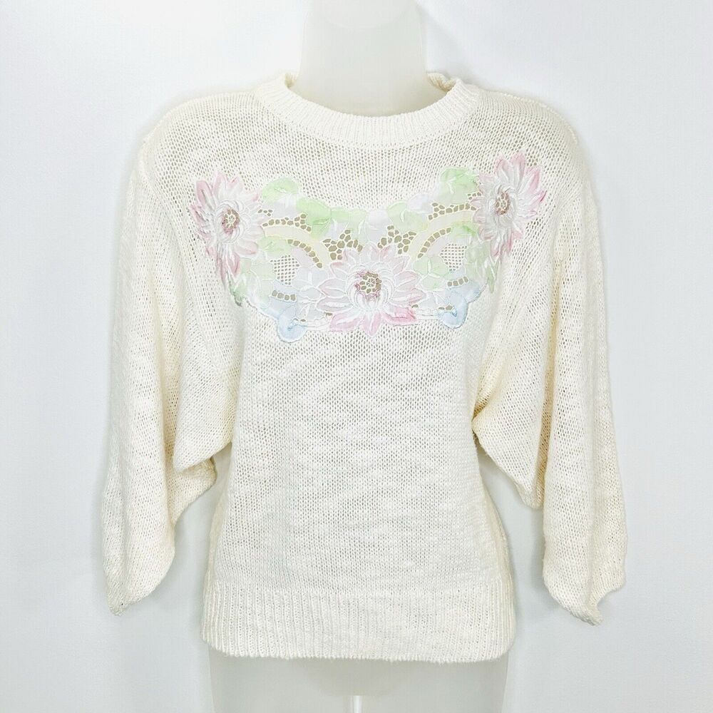 Vintage Pretense Sweater Women M Cream Knit Grandma Preppy Academia Floral 80s